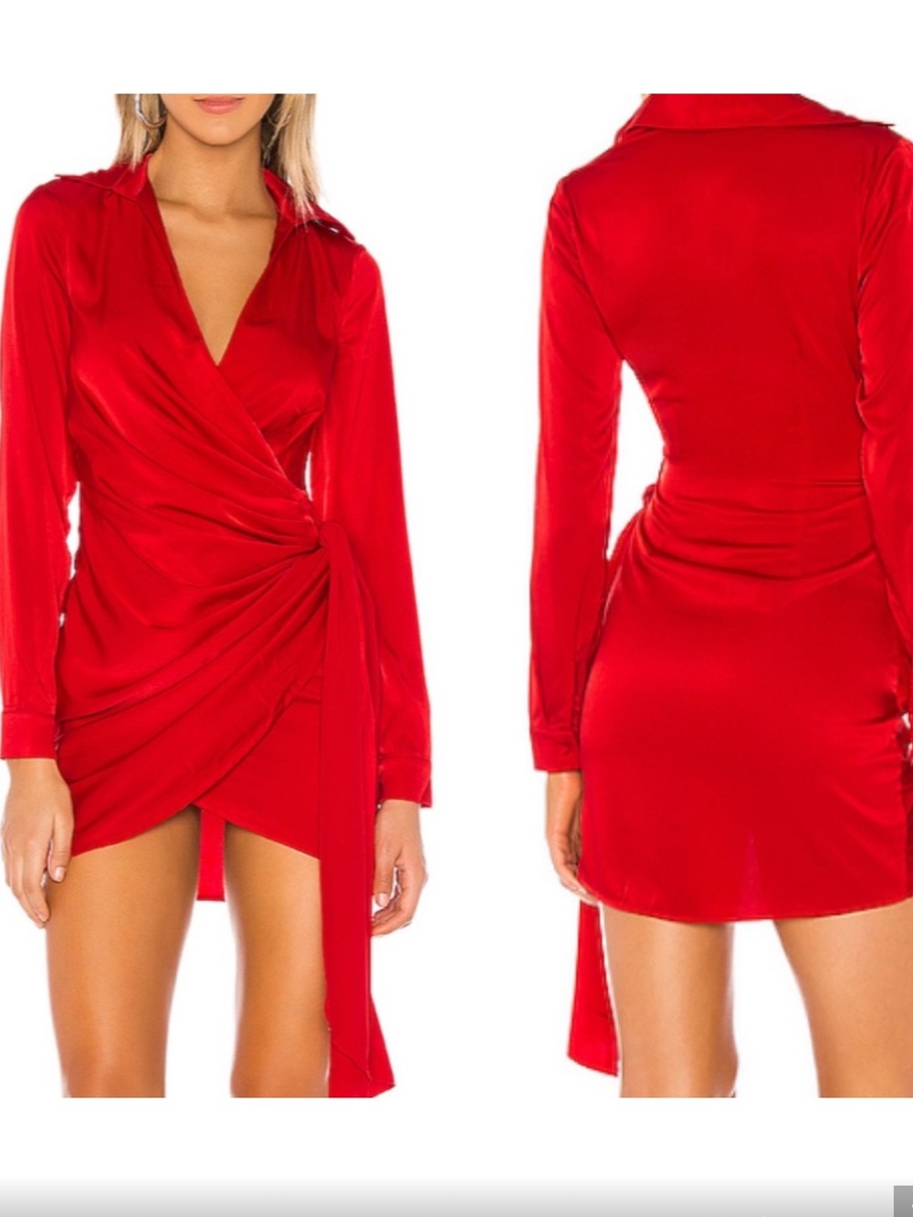 superdown Sophie Draped Mini Dress Red Satin Wrap Long Sleeve Size M